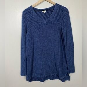 LL Bean Women Blue Cotton Shaker Stitch V-Neck Sweater High Low Hem Large 502426